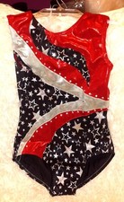 Balera Dance wear Red Silver Blue July fourth Leotard Silver Stars Rhinestones.