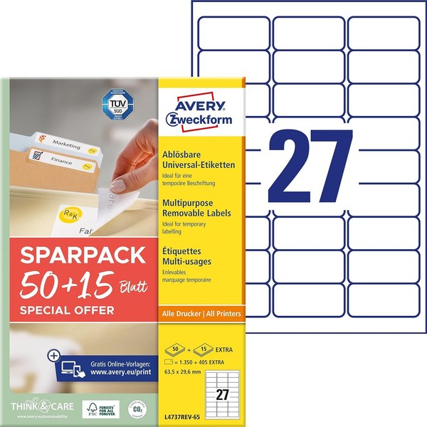 Avery Zweckform L4737REV-65 Universal Etiketten (1.350 Plus 405 Klebeetiketten E-image