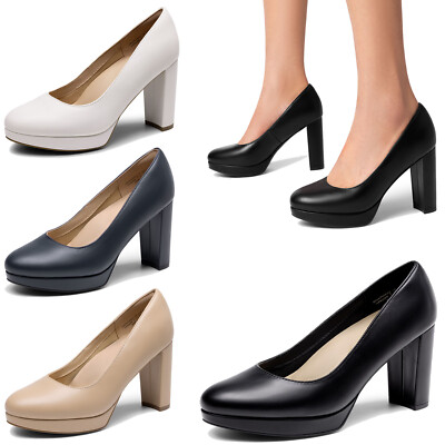 Women's Pumps Round Toe Inch Chunky High Heels Platform Work