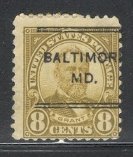 Sc # 640 ~ 8 cent Ulysses S. Grant Issue, Precancel, DLE BALTIMORE MD.