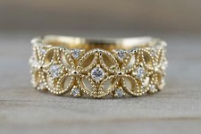Image of 1ct Round Cut Moissanite Wedding Band Yellow Gold Plated Filigree Milgrain Wide