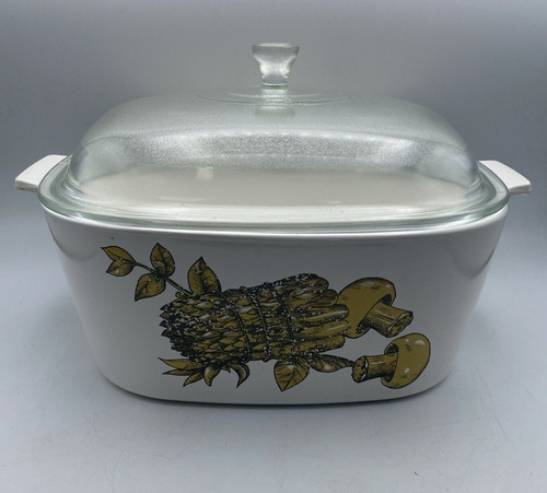 Vintage Corning Casserole 4 Quart,  P-84-B w Lid, Mushrooms Asparagus