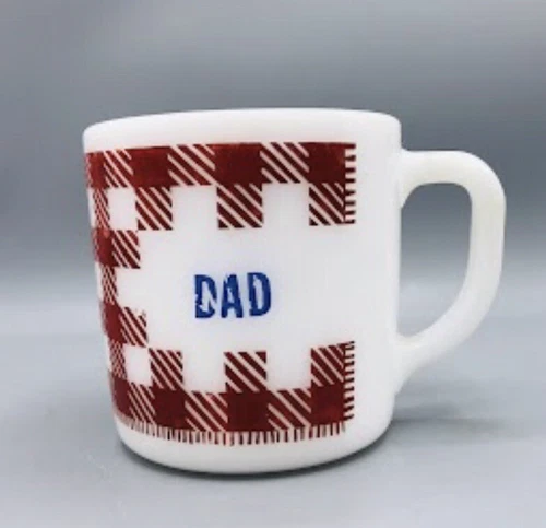 Vintage DAD Red Checkerboard White Milk Glass Coffee Mug Cup Westfield Fathers
