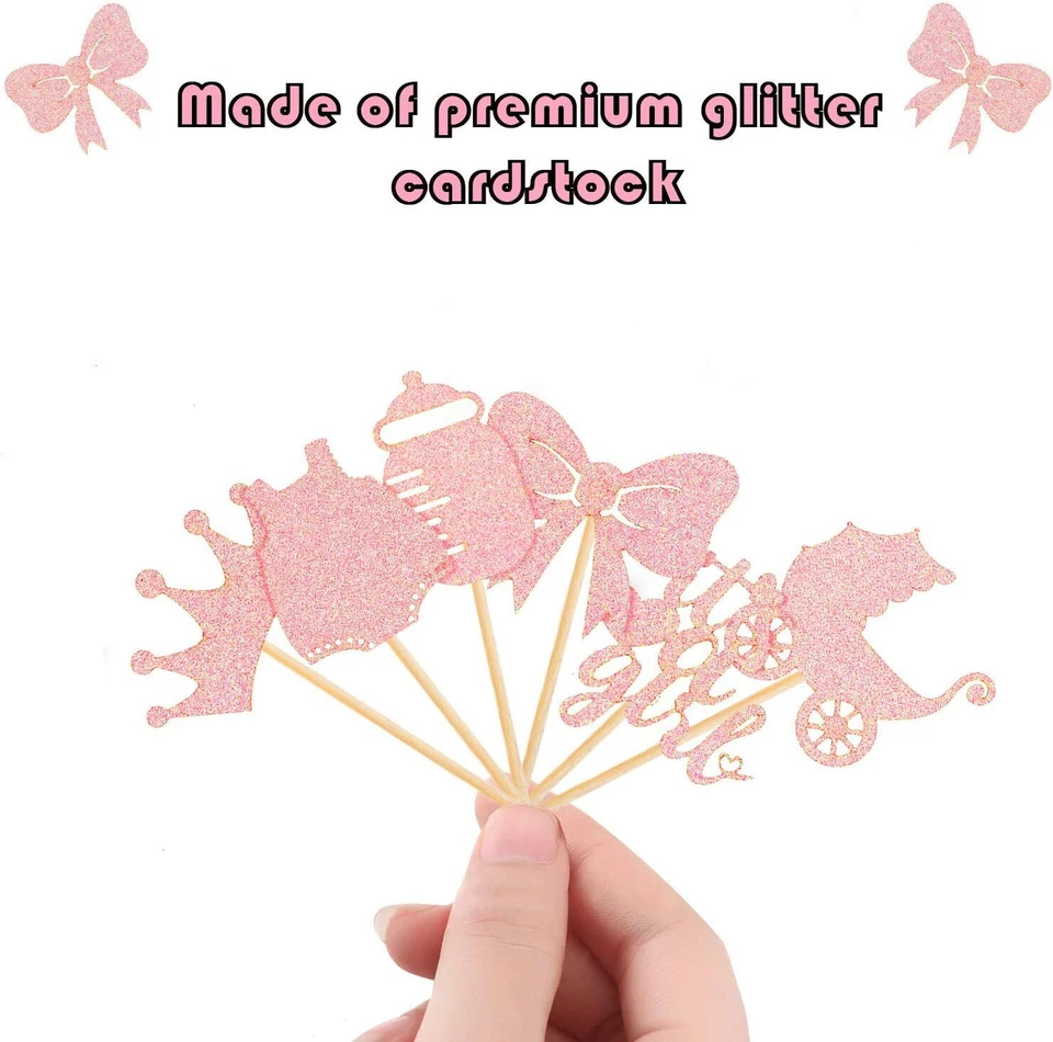 48 Piezas Baby Shower Cupcake Toppers para Niñas Rosa Brillo Bebé Niña Comida Foto 4 de 4