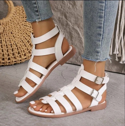 Women Casual Sandals Flats Heels Gladiator Holiday Zip Buckle Roman Walks Shoes - Picture 14 of 16