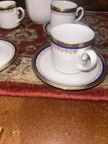 Tirschenreuth Bavaria Tea Pot Cup & Saucer Royal Blue And Gold 4 Cups 3 Saucers - Picture 2 of 11