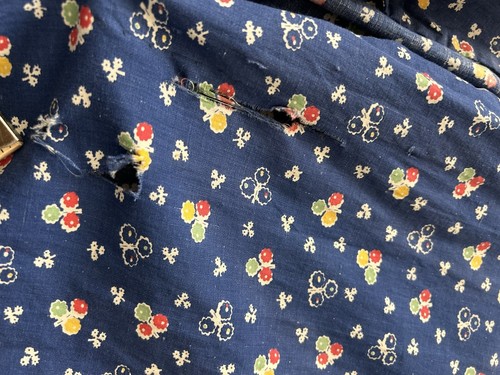 Antique Floral Indigo Print Duster Dress Jacket Dressing Gown House Coat Vtg - Picture 17 of 18