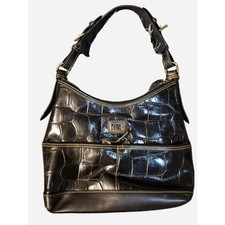 Vintage Dooney Bourke Black Croc-Embossed Leather Hobo Bag.