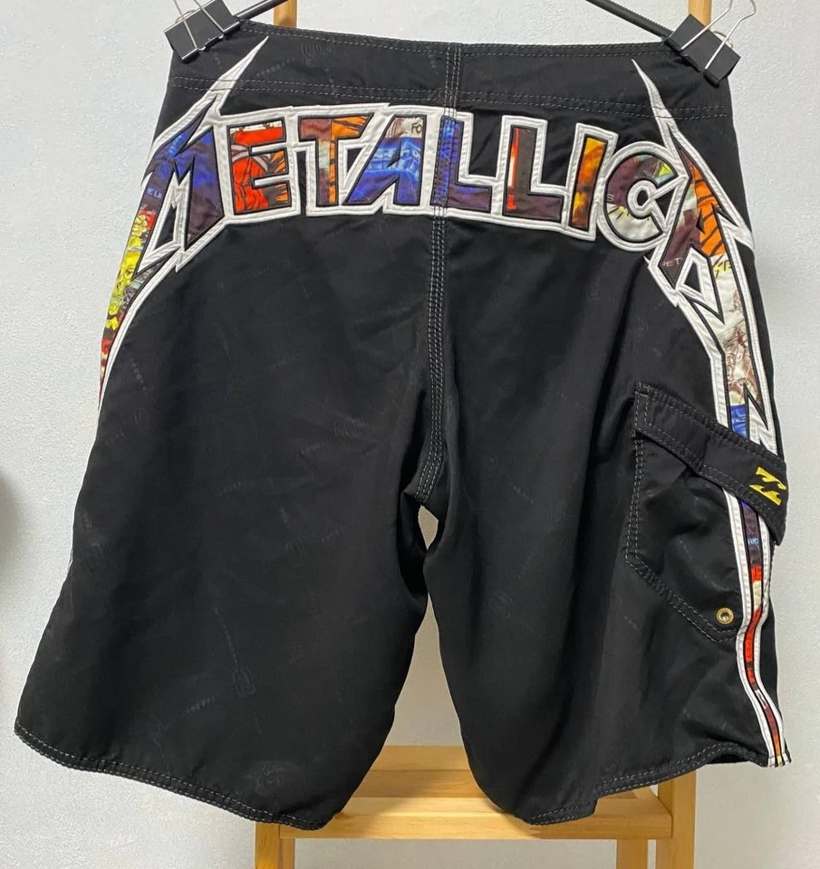 Y2K Billabong Metallica Board Shorts Talla 32 Negro Edición Limitada De Colección Surf Foto 2 de 4