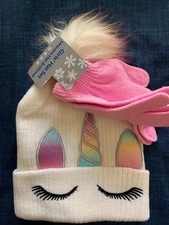 EYELASH Unicorn Girls Winter Hat Beanie White Rainbow Horn & Ears  Large Pom Pom