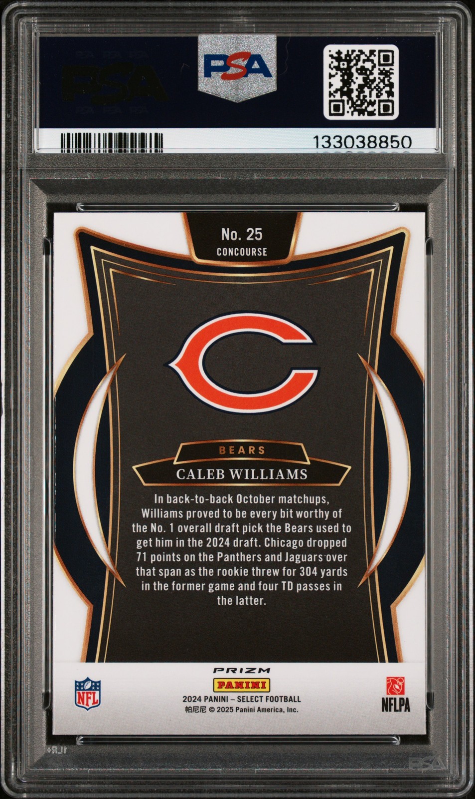 Caleb Williams 2024 Panini Select #25 Silver Prizm Rookie PSA 9 Mint Bears RC view 2