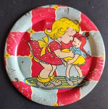 2 Vintage Antique Ohio Art Company Tin Tea Cup Plate Girl Playing Doll Flower
