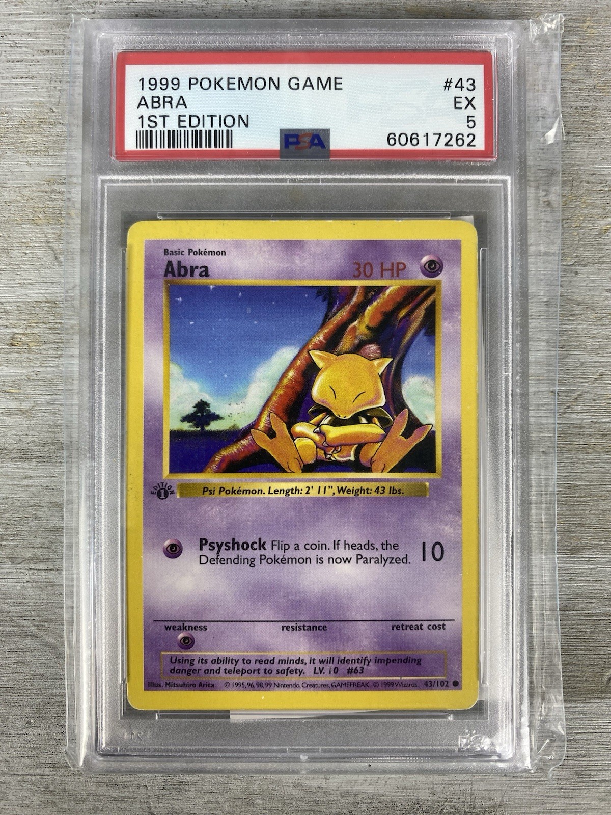 1999 1st Edition Abra (PSA 5 EX) Shadowless Base Set 43/102 Pokémon Card.