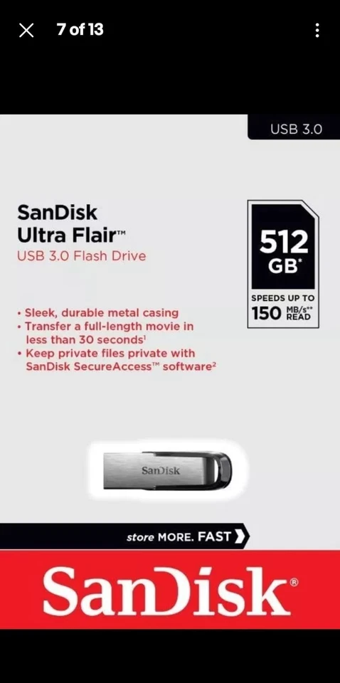 SanDisk Ultra Flair 512GB USB Flash Drive Pen Drive Memory Drive **Genuine** - Image 3 of 4