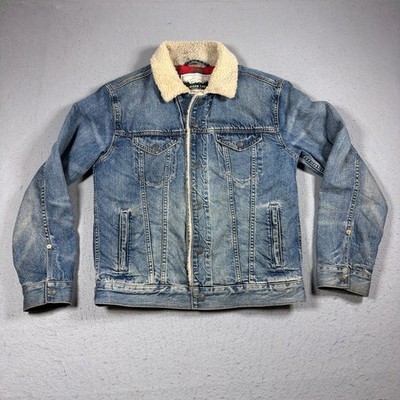 American Eagle Sherpa Flannel Lined Denim Trucker Jacket Men Small Blue Casual