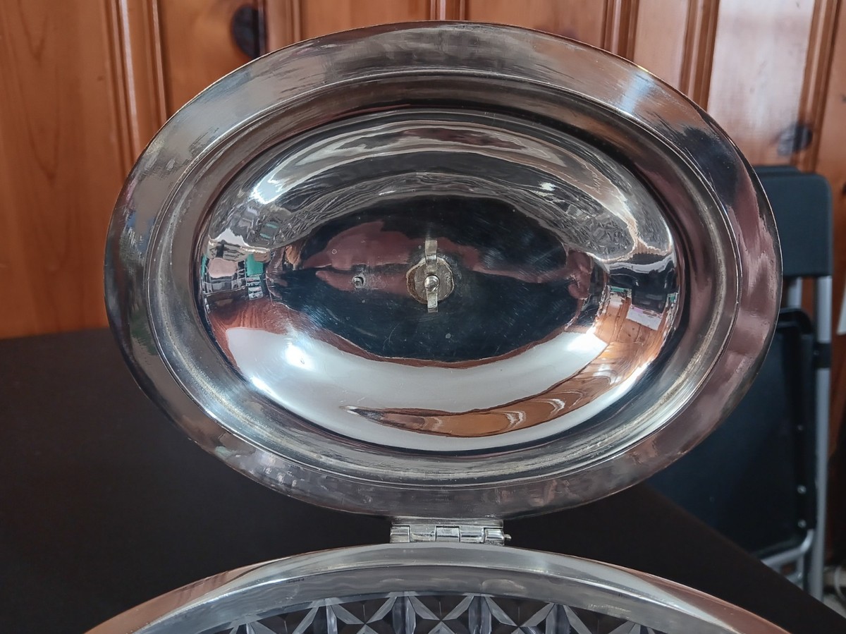 Victorian Silver Plated Crystal Biscuit Box Barrel w/Stag England