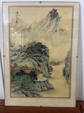 Antique Chinese Watercolour Of Mountains River Signed Hand Painting