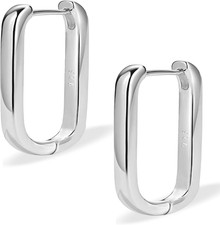 Sterling Silver Hoop Earrings for Women - Trendy Small Chunky 925 Silver Rectang