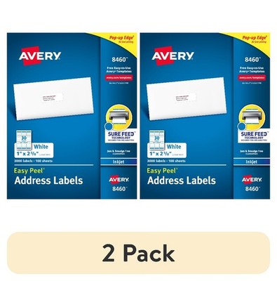 (2 Pack) Avery 8460 Inkjet Labels, 1''x2-5/8'', Matte White, 3000 Labels