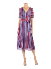 JULIA JORDAN Womens Navy Belted Lined Short Sleeve Midi Fit + Flare Dress 4