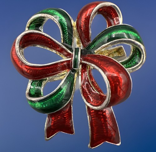 Spilla ciondolo vintage firmata MJ fiocco natalizio smalto rosso verde tono oro