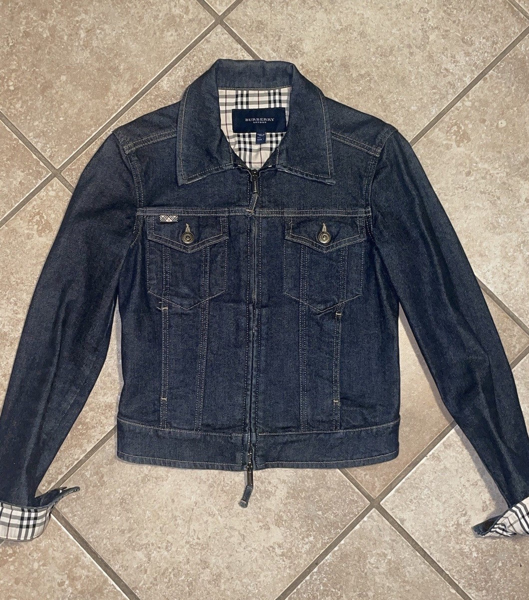 BURBERRY London Denim Jacket Sz 2 S Blue Nova Check Zip Moto