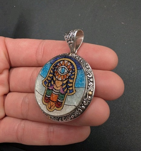 Samuel B Sterling Silver 18k Gold Bali Micro Mosaic Hamsa Evil Eye Round Pendant - Afbeelding 7 van 12