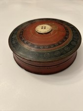 Vintage Hand-Turned Wooden Lidded Trinket Box with Painted Geometric Triangle Border — listing 5