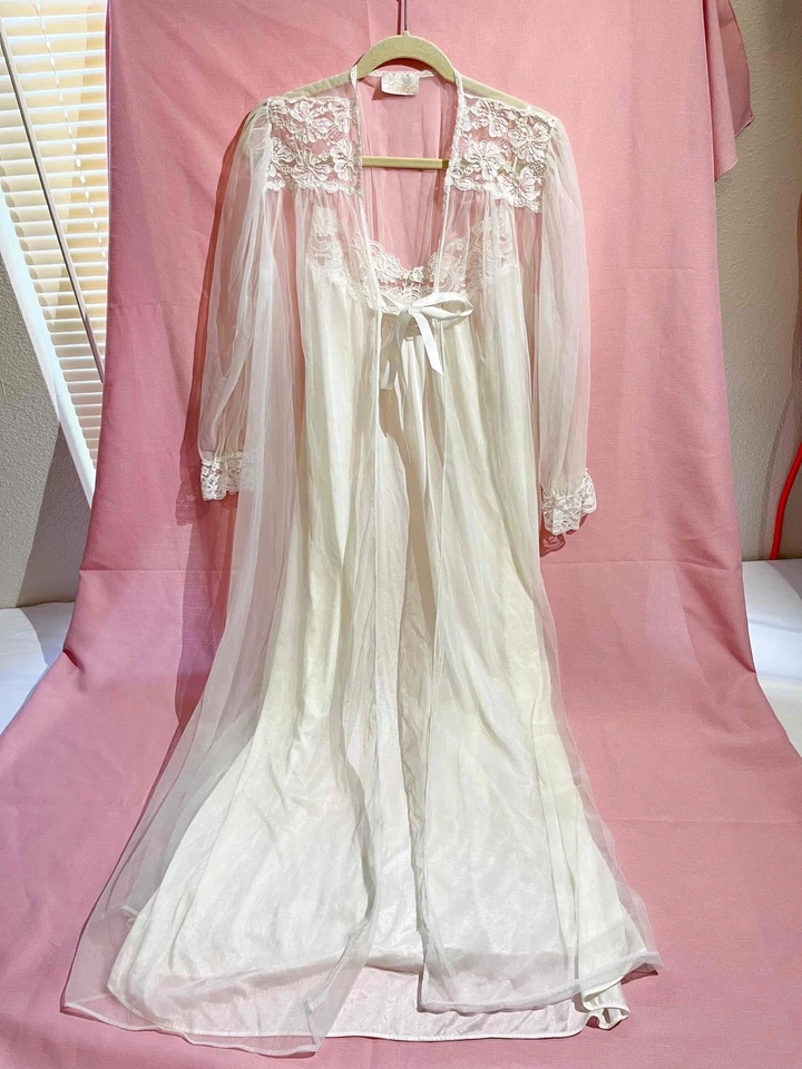 Conjunto de roupão e camisola vintage anos 60 Hollywood nupcial nylon transparente chiffon peignoir - Imagem 4 de 4