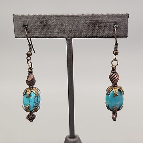 Turquoise Earrings Vtg Dangle Pierced Copper Capped 2.25"