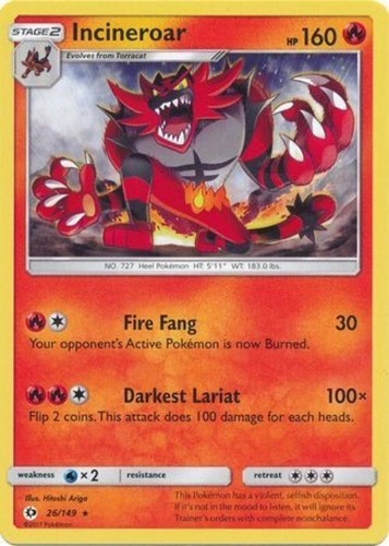 Pokémon TCG - Incineroar - 26/149 - Rare - Sun & Moon (Base Set) [Near Mint] - Picture 1 of 3