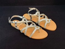 NEW Women  s Gold Toe Strappy Sandals Silver Rhinestone Slingback Flats 6