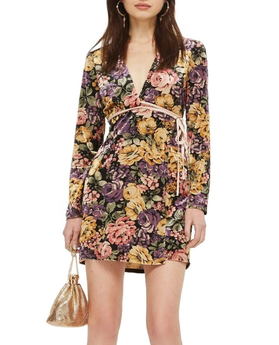 TOPSHOP Plunge Floral Wrap Dress Women s Sz. 4 US Yellow Multi 152767