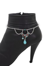Women Silver Metal Chain Bohemian Boot Bracelet Shoe Turquoise Color Beads Charm