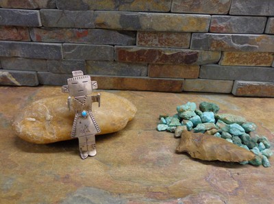 NAVAJO TURQUOISE KACHINA DANCER STERLING BROOCH PIN NATIVE OLD PAWN FRED HARVEY 