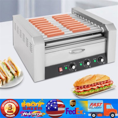 Electric 30 Hot Dog 11 Roller Grill Cooker Machine w/Bun Warmer 1560W Silver