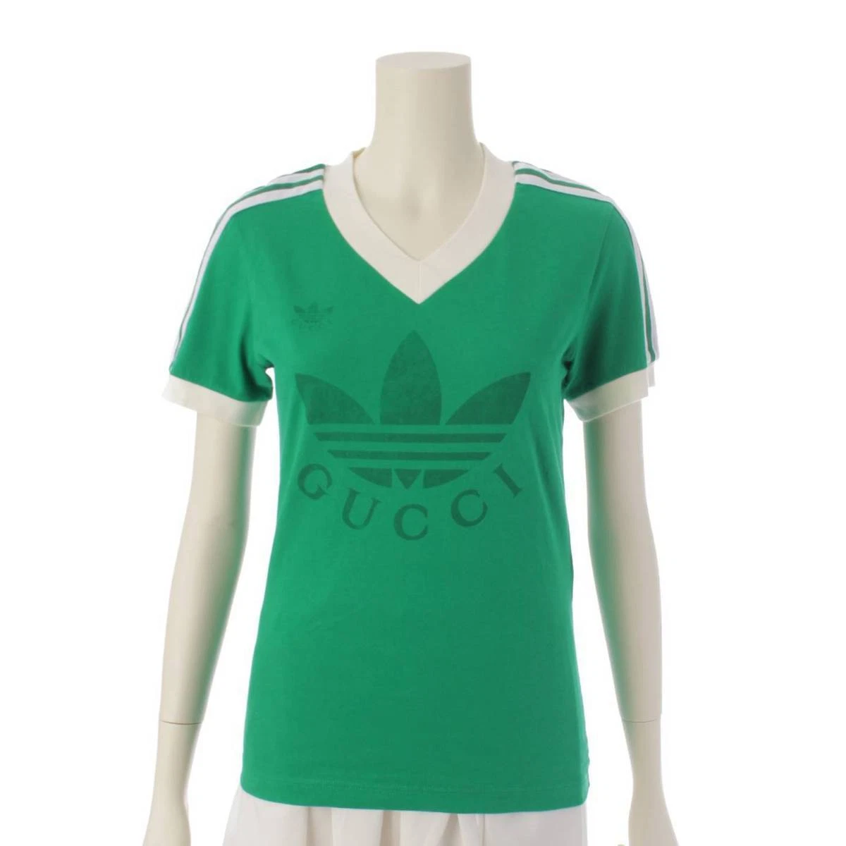 Auth Gucci 22SS Adidas Trefoil Logo V Neck T shirt 693636 Green XS 187004