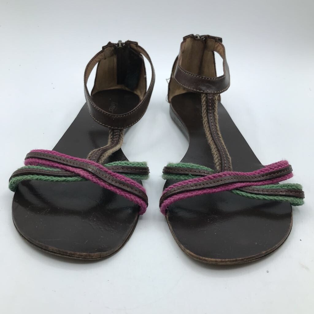 Tapeet Vicini Ankle Strap Sandals Brown Leather T Flat Zip Italy Womens 10 40