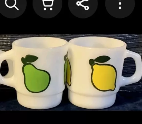(4)n Set Fire King Anchor Hocking Lemon Orange Pear Apple Fruit Series 4 Mug Set