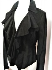 Women's Ideology Black Velvet Suede Leather Ruffle Front Fitted Jacket M 8 10