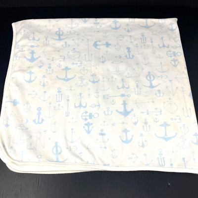 Lands End Home White Baby Blanket Blue Anchors Cotton Stretch Jersey Receiving