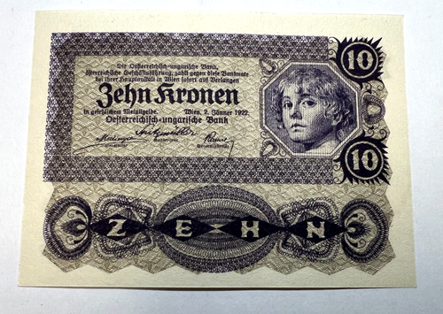 1922 Austria 10 Ten Zehn Kroner, Kronen, 10 crowns in precious metal