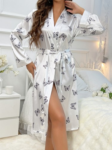 Sexy Women's Lace Babydoll White Butterfly Printed Pajama Dress Set Sleepwear US - Picture 3 of 9