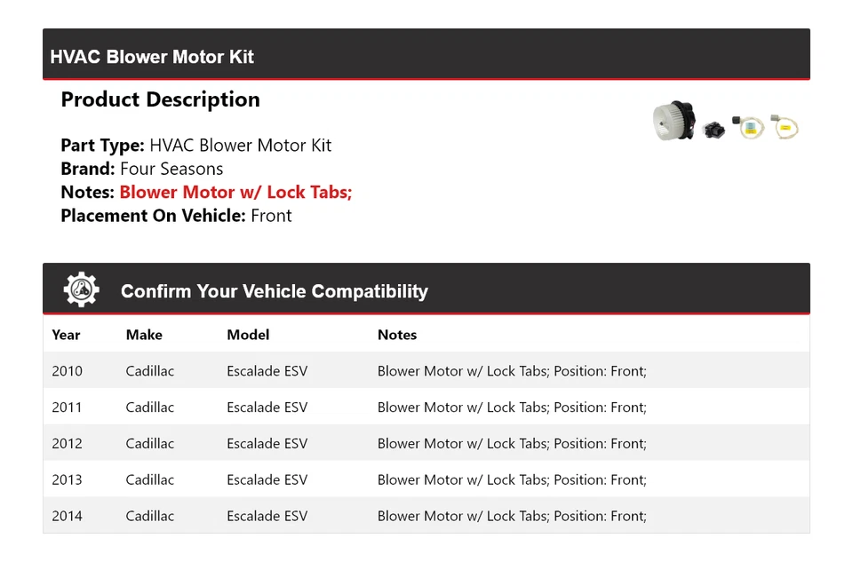 Kit de motor soplador HVAC delantero 4 estaciones 2011 para Cadillac Escalade ESV 2010-2014 Foto 2 de 3