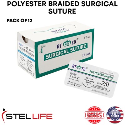2/0 Polyester Suture Threads with Needle Pack of 12 Sterile Practice Suture