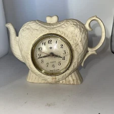 WHITE CERAMIC TEAPOT DESK CLOCK WITH FLOWERS- Runs