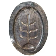 Giant XL Silver Plate Meat Platter footed Carving Tray Juice Wells for Gravy