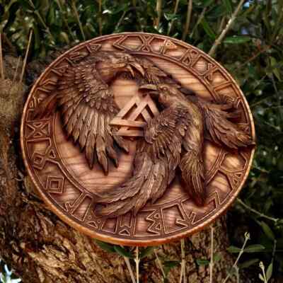 60cm Wooden Shield Valhalla Raven Medieval Authentic Battle Worn Hand Carved