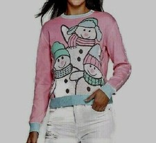 Snowman Ugly Christmas Holiday Sweater Pink Junior Sweatshirt MEDIUM Womens