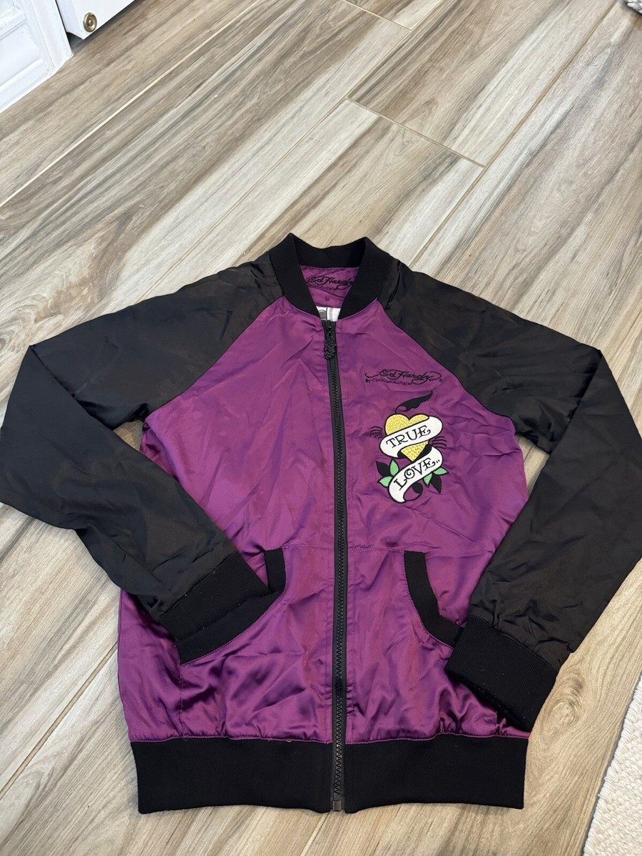 Ed Hardy Satin Embroidered Bomber True Love Rhinestone Ed Hardy Satin Embroidered Bomber True Love Rhinestone